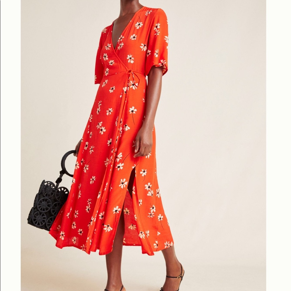 Anthro Faithfull Riviera Floral Wrap Dress Red XS
